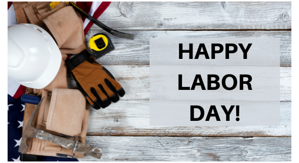Work belt, hat, tools in a pile w/Happy Labor Day!