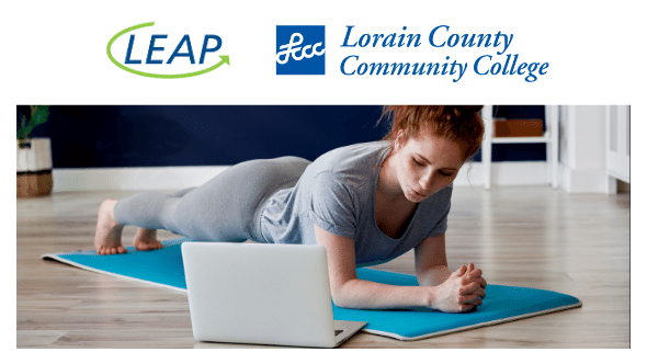 LEAP & LCCC logos w/Photo: woman on mat w/computer