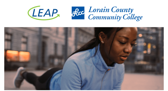LEAP & LCCC logos on top; photo woman planking