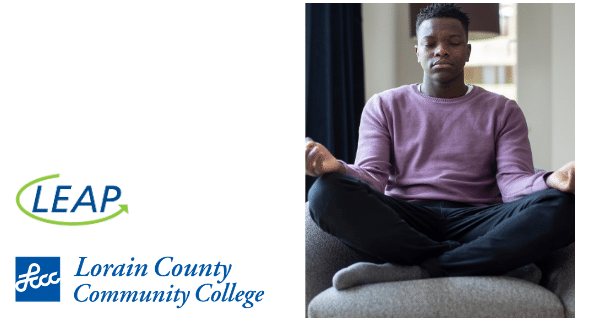 LEAP & LCCC logos w/Photo: man in chair doing yoga