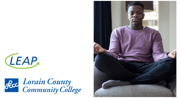 LEAP & LCCC logos w/Photo: man in chair doing yoga
