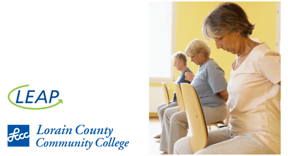 LEAP & LCCC logos w/photo women doing chair yoga