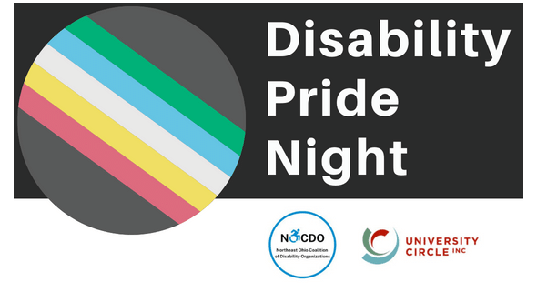 Disability Pride flag w/event name & host logos