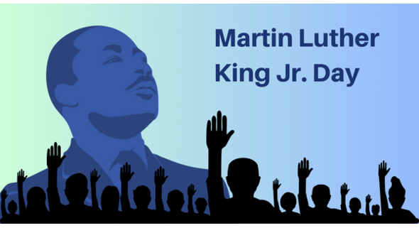 Blue MLK portrait w/people raising hands at bottom