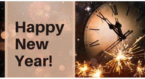 Happy NY! Clock & sparklers to right in peach-gold