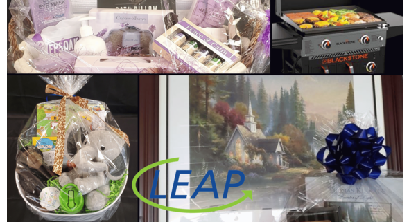 collage of 4 our our raffle baskets w/logo