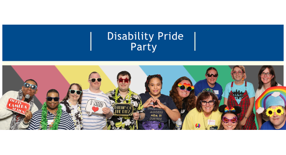 Disability Pride event banner with smiling group.