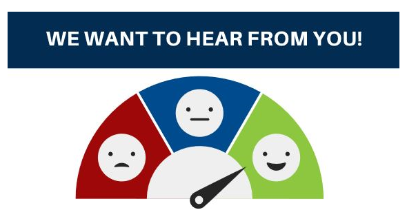 We want to hear from you! 3 sad2happy face graphic