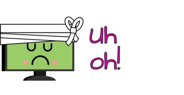 Graphic: green computer monitor w/sad face & bandages wrapped around top, text to right in purple w/black trim, Uh oh!