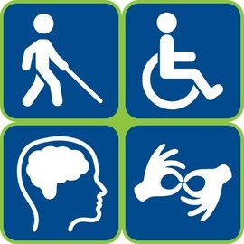 4 squares: blind, wheelchair, head w/brain, sign language icons in white on blue background