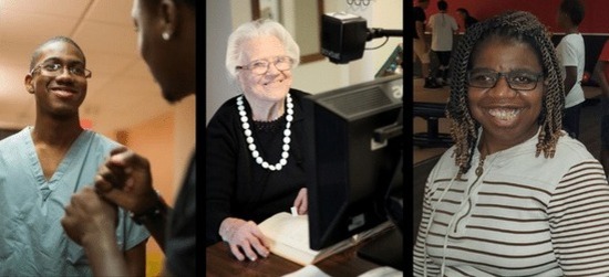3 Photos: young man at work in medical facility, senior citizen reading at home, smiling woman at camera at bowling